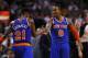 BOSTON, MA - MAY 3: Iman Shumpert #21 and J.R. Smith #8 of the New York Knicks react during a time out in the 4th quarter as they defeat the Celtics 88-80 in Game Six of the Eastern Conference Quarterfinals of the 2013 NBA Playoffs on May 3, 2013 at TD Garden in Boston, Massachusetts. NOTE TO USER: User expressly acknowledges and agrees that, by downloading and or using this photograph, User is consenting to the terms and conditions of the Getty Images License Agreement. (Photo by Jim Rogash/Getty Images)