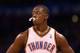OKLAHOMA CITY, OK - MAY 01: Reggie Jackson #15 of the Oklahoma City Thunder reacts during Game Five of the Western Conference Quarterfinals of the 2013 NBA Playoffs against the Houston Rockets at Chesapeake Energy Arena on May 1, 2013 in Oklahoma City, Oklahoma. The Rockets defeated the Thunder 107-100. NOTE TO USER: User expressly acknowledges and agrees that, by downloading and or using this photograph, User is consenting to the terms and conditions of the Getty Images License Agreement. (Photo by Christian Petersen/Getty Images)