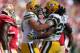 SAN FRANCISCO, CA - SEPTEMBER 08: Running back Eddie Lacy (R) #27 of the Green Bay Packers celebrates a touchdown with David Bakhtiari #69 against the San Francisco 49ers in the fourth quarter at Candlestick Park on September 8, 2013 in San Francisco, California. The 49ers defeated the Packers 34-28. (Photo by Jeff Gross/Getty Images)