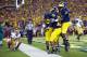 Sep 7, 2013; Ann Arbor, MI, USA; Michigan Wolverines defensive back Blake Countess (18) celebrates with linebacker James Ross III (15) and defensive back Delonte Hollowell (24) after intercepting a pass intended for Notre Dame Fighting Irish wide receiver Chris Brown (2) in the fourth quarter at Michigan Stadium. Michigan won 41-30. Mandatory Credit: Matt Cashore-USA TODAY Sports