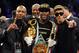 Sep 14, 2013; Las Vegas, NV, USA; From left recording artist Tank , Floyd Mayweather Jr and singer Justin Bieber appear in the ring after Mayweather defeated Canelo Alvarez by a majority decision at their WBC and WBA super welterweight titles fight at MGM Grand Garden Arena. Mandatory Credit: Jayne Kamin-Oncea-USA TODAY Sports