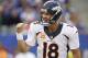 Sep 15, 2013; East Rutherford, NJ, USA; Denver Broncos quarterback Peyton Manning (18) yells during 1st quarter against the New York Giants at MetLife Stadium. Mandatory Credit: Andrew Mills/THE STAR-LEDGER via USA TODAY Sports