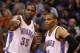 Feb. 10, 2013; Phoenix, AZ, USA: Oklahoma City Thunder forward Kevin Durant (35) talks to guard Russell Westbrook (0) in the second quarter against the Phoenix Suns at the US Airways Center. Mandatory Credit: Mark J. Rebilas-USA TODAY Sports