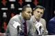 HOUSTON - JULY 13: Dwight Howard (L) takes questions from the media as head coach Kevin McHale looks on during a press conference that officially announced Howard as a Houston Rocket at the Toyota Center on July 13, 2013 in Houston, Texas. (Photo by Bob Levey/Getty Images)