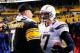 PITTSBURGH, PA - DECEMBER 09: Ben Roethlisberger #7 of the Pittsburgh Steelers congratulates Philip Rivers #17 of the San Diego Chargers after the game on December 9, 2012 at Heinz Field in Pittsburgh, Pennsylvania. San Diego won the game 34-24. (Photo by Joe Sargent/Getty Images)