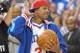 May 23, 2012; Philadelphia, PA USA; Philadelphia 76ers former guard Allen Iverson before the start of game six against the Boston Celtics in the Eastern Conference semifinals of the 2012 NBA Playoffs at the Wells Fargo Center. Mandatory Credit: Eric Hartline-USA TODAY Sports