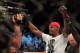 Apr 27, 2013; Newark, NJ, USA; Jon Jones (black shorts) celebrates defeating Chael Sonnen (white shorts) during UFC 159 at the Prudential Center. Mandatory Credit: Brad Penner-USA TODAY Sports