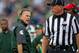 Sep 21, 2013; South Bend, IN, USA; Michigan State Spartans head coach Mark Dantonio argues a call with head linesman Kelly Saalfeld in the fourth quarter against the Notre Dame Fighting Irish at Notre Dame Stadium. Notre Dame won 17-13. Mandatory Credit: Matt Cashore-USA TODAY Sports
