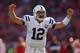SAN FRANCISCO, CA - SEPTEMBER 22: Andrew Luck #12 of the Indianapolis Colts celebrates after scoring in the fourth quarter against the San Francisco 49ers at Candlestick Park on September 22, 2013 in San Francisco, California. (Photo by Jed Jacobsohn/Getty Images)