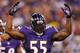 BALTIMORE, MD - AUGUST 22: Outside linebacker Terrell Suggs #55 of the Baltimore Ravens gestures to the crowd during the second half of a preseason game against the Carolina Panthers at M&T Bank Stadium on August 22, 2013 in Baltimore, Maryland. (Photo by Rob Carr/Getty Images)