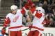 PITTSBURGH, PA - SEPTEMBER 16: Adam Almquist #53 of the Detroit Red Wings is congratulated by Henrik Zetterberg #40 after his goal during the second period of a preseason game on September 16, 2013 at the CONSOL Energy Center in Pittsburgh, Pennsylvania. (Photo by Vincent Pugliese/ Getty Images)