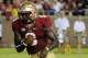 Sep 21, 2013; Tallahassee, FL, USA; Florida State Seminoles running back Karlos Williams (9) runs the ball during the second half of the game against the Bethune-Cookman Wildcats at Doak Campbell Stadium. Mandatory Credit: Melina Vastola-USA TODAY Sports