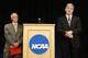 INDIANAPOLIS, IN - JULY 23: NCAA president Mark Emmert (R) speaks as Ed Ray, chairman of the NCAA's executive committee and Oregon State president looks on, during a press conference at the NCAA's headquarters to announce sanctions against Penn State University's football program on July 23, 2012 in Indianapolis, Indiana. The sanctions are a result of a report that the university concealed allegations of child sexual abuse made against former defensive coordinator Jerry Sandusky, who was found guilty on 45 of 48 counts related to sexual abuse of boys over a 15-year period. (Photo by Joe Robbins/Getty Images)