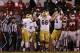 Oct 27, 2012; Norman, OK, USA; Notre Dame Fighting Irish quarterback Everett Golson (5) celebrates a fourth quarter touchdown with guard Chris Watt (66) against the Oklahoma Sooners at Oklahoma Memorial Stadium. Mandatory Credit: Matthew Emmons-USA TODAY Sports