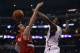 LOS ANGELES, CA - APRIL 16: DeAndre Jordan #6 of the Los Angeles Clippers blocks the shot of Victor Claver #18 of the Portland Trail Blazers in the second quarter at Staples Center on April 16, 2013 in Los Angeles, California. NOTE TO USER: User expressly acknowledges and agrees that, by downloading and or using this photograph, User is consenting to the terms and conditions of the Getty Images License Agreement. (Photo by Jeff Gross/Getty Images)