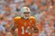 Sep 7, 2013; Knoxville, TN, USA; Tennessee Volunteers quarterback Justin Worley (14) runs off the field during half time against the Western Kentucky Hilltoppers at Neyland Stadium. Tennessee won 52-20. Mandatory Credit: Jim Brown-USA TODAY Sports