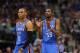 Mar 17, 2013; Dallas, TX, USA; Oklahoma City Thunder forward Kevin Durant (35) with guard Russell Westbrook (0) during the game against the Dallas Mavericks at the American Airlines Center. Mandatory Credit: Matthew Emmons-USA TODAY Sports
