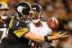 PITTSBURGH, PA - SEPTEMBER 22: Ben Roethlisberger #7 of the Pittsburgh Steelers recovers his own fumble while trying to outrun the tackle of Corey Wootton #98 of the Chicago Bears during the third quarter at Heinz Field on September 22, 2013 in Pittsburgh, Pennsylvania. Chicago won the game 40-23. (Photo by Gregory Shamus/Getty Images)