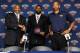METAIRIE, LA - JULY 11: Dell Demps (left), general manager and Monty Williams (right), head coach of the New Orleans Pelicans introduce Tyreke Evans (center) acquired through a three team trade on July 11, 2013 at the New Orleans Pelicans practice facility in Metairie, Louisiana. NOTE TO USER: User expressly acknowledges and agrees that, by downloading and or using this Photograph, user is consenting to the terms and conditions of the Getty Images License Agreement. Mandatory Copyright Notice: Copyright 2013 NBAE (Photo by Layne Murdoch/NBAE via Getty Images)