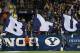 PROVO, UT - SEPTEMBER 7: Flags of BYU Cougars are run around the field after a touchdown during a game against the Texas Longhorns during the second half of an NCAA football game September 7, 2013 at LaVell Edwards Stadium in Provo, Utah. BYU beat Texas 40-21. (Photo by George Frey/Getty Images)
