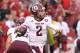 Sep 28, 2013; Fayetteville, AR, USA; Texas A&M Aggies quarterback Johnny Manziel (2) looks to pass against the Arkansas Razorbacks during the first quarter at Donald W. Reynolds Razorback Stadium. Mandatory Credit: Nelson Chenault-USA TODAY Sports