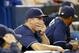 Sep 27, 2013; Toronto, Ontario, CAN; Tampa Bay Rays pitching coach Jim Hickey watches the action against the Toronto Blue Jays in the ninth inning at Rogers Centre. Toronto defeated Tampa Bay 6-3. Mandatory Credit: John E. Sokolowski-USA TODAY Sports