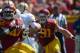 Sep 14, 2013; Los Angeles, CA, USA; Southern California Trojans linebacker Morgan Breslin (91) pressures Boston College Eagles quarterback Chase Rettig (11) at Los Angeles Memorial Coliseum. USC defeated Boston College 35-7. Mandatory Credit: Kirby Lee-USA TODAY Sports
