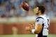 Aug 22, 2013; Detroit, MI, USA; New England Patriots quarterback Tim Tebow (5) on the sidelines in the fourth quarter of a preseason game against the Detroit Lions at Ford Field. Mandatory Credit: Andrew Weber-USA TODAY Sports