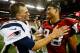 ATLANTA, GA - SEPTEMBER 29: Tom Brady #12 of the New England Patriots is congratulated by Tony Gonzalez #88 of the Atlanta Falcons after their 30-23 win at Georgia Dome on September 29, 2013 in Atlanta, Georgia. (Photo by Kevin C. Cox/Getty Images)