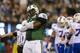 EAST RUTHERFORD, NJ - SEPTEMBER 22: Defensive end Muhammad Wilkerson #96 of the New York Jets celebrates after he sacks quarterback EJ Manuel #3 of the Buffalo Bills in the 2nd half of the Jets 27-20 win over the Buffalo Bills at MetLife Stadium on September 22, 2013 in East Rutherford, New Jersey. (Photo by Ron Antonelli/Getty Images)
