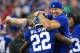 Aug 24, 2013; East Rutherford, NJ, USA; New York Giants tackle David Diehl (in hat) celebrates with running back David Wilson (22) after a touchdown in the first quarter at MetLife Stadium. Mandatory Credit: John Munson/The Star-Ledger via USA TODAY Sports