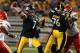 Aug 24, 2013; Pittsburgh, PA, USA; Pittsburgh Steelers quarterback Ben Roethlisberger (7) throws a pass as offensive tackle Mike Adams (76) blocks for him against the Kansas City Chiefs in the first half at Heinz Field. Mandatory Credit: Jason Bridge-USA TODAY Sports