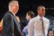 NEW YORK, NY - APRIL 20: Danny Ainge, president of Basketball Operations for the Boston Celtics, left, stands on court with Rajon Rondo #9 before Game One of the Eastern Conference Quarterfinals between the Celtics and New York Knicks during the 2013 NBA Playoffs on April 20, 2013 at Madison Square Garden in New York City, New York. NOTE TO USER: User expressly acknowledges and agrees that, by downloading and or using this photograph, User is consenting to the terms and conditions of the Getty Images License Agreement. Mandatory Copyright Notice: Copyright 2013 NBAE (Photo by Jesse D. Garrabrant/NBAE via Getty Images)