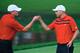 DUBLIN, OH - OCTOBER 05: Bill Haas (L) and Steve Stricker of the U.S. Team win the ninth hole during the Day Three Foursome Matches at the Muirfield Village Golf Club on October 5, 2013 in Dublin, Ohio. (Photo by Matt Sullivan/Getty Images)
