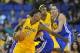 October 5, 2013; Ontario, CA, USA; Los Angeles Lakers shooting guard Nick Young (0) moves the ball against the Golden State Warriors during the first half at Citizens Business Bank Arena. Mandatory Credit: Gary A. Vasquez-USA TODAY Sports