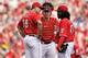 CINCINNATI, OH - SEPTEMBER 9: Pitching Coach Bryan Price #38 of the Cincinnati Reds confers at the mound with catcher Ryan Hanigan #29 and pitcher Johnny Cueto #47 after Cueto gave up a two-out home run against the Houston Astros at Great American Ball Park on September 9, 2012 in Cincinnati, Ohio. (Photo by Jamie Sabau/Getty Images)