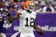 Sep 22, 2013; Minneapolis, MN, USA; Cleveland Browns wide receiver Josh Gordon (12) celebrates his 47 yard touchdown against the Minnesota Vikings at Mall of America Field at H.H.H. Metrodome. The Browns win 31-27. Mandatory Credit: Bruce Kluckhohn-USA TODAY Sports