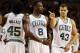 Oct 7, 2013; Boston, MA, USA; Boston Celtics forward Kris Humphries (43), forward Jeff Green (8) and forward Gerald Wallace (45) on the court against the Toronto Raptors in the second half at TD Garden. The Raptors defeated the Celtics 97-89. Mandatory Credit: David Butler II-USA TODAY Sports