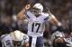 Oct 6, 2013; Oakland, CA, USA; San Diego Chargers quarterback Philip Rivers (17) reacts during the game against the Oakland Raiders at O.co Coliseum. The Raiders defeated the Chargers 27-17. Mandatory Credit: Kirby Lee-USA TODAY Sports