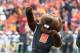 Sep 28, 2013; Corvallis, OR, USA; Oregon State Beavers mascot cheers the fans on while preforming at half time against the Colorado Buffaloes at Reser Stadium. Mandatory Credit: Scott Olmos-USA TODAY Sports
