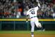 Oct 8, 2013; Detroit, MI, USA; Detroit Tigers designated hitter Victor Martinez celebrates after hitting a solo home run against the Oakland Athletics during the seventh inning in game four of the American League divisional series playoff baseball game at Comerica Park. Mandatory Credit: Rick Osentoski-USA TODAY Sports