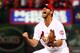 ST LOUIS, MO - OCTOBER 09: Adam Wainwright #50 of the St. Louis Cardinals celebrates defeating the Pittsburgh Pirates 6 to 1 in Game Five of the National League Division Series at Busch Stadium on October 9, 2013 in St Louis, Missouri. (Photo by Dilip Vishwanat/Getty Images)