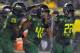 EUGENE, OR - SEPTEMBER 28: Linebacker Rodney Hardrick #48 of the Oregon Ducks and linebacker Boseko Lokombo #25 of the Oregon Ducks celebrate after Hardrick recovered a fumble during the first quarter of the game against the California Golden Bearsat Autzen Stadium on September 28, 2013 in Eugene, Oregon. (Photo by Steve Dykes/Getty Images)