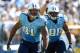 SAN DIEGO, CA - SEPTEMBER 16: Derrick Morgan #91 of the Tennessee Titans celebrates his sack against the San Diego Chargers in front of Jurrell Casey #99 during the second quarter at Qualcomm Stadium on September 16, 2012 in San Diego, California. (Photo by Harry How/Getty Images)