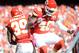Oct 13, 2013; Kansas City, MO, USA; Kansas City Chiefs defensive back Husain Abdullah (39) is congratulated by safety Bradley McDougald (48) after Abdullah scores during the second half of the game against the Oakland Raiders at Arrowhead Stadium. The Chiefs won 24-7. Mandatory Credit: Denny Medley-USA TODAY Sports