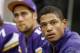 Oct 13, 2013; Minneapolis, MN, USA; Minnesota Vikings quarterback Josh Freeman (12) sits on the sidelines in the game against the Carolina Panthers at Mall of America Field at H.H.H. Metrodome. Panthers win 35-10. Mandatory Credit: Bruce Kluckhohn-USA TODAY Sports