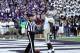 Oct 12, 2013; Manhattan, KS, USA; Baylor Bears running back Glasco Martin (8) celebrates a 21-yard touchdown run during a 35-25 win against the Kansas State Wildcats at Bill Snyder Family Stadium. Mandatory Credit: Scott Sewell-USA TODAY Sports