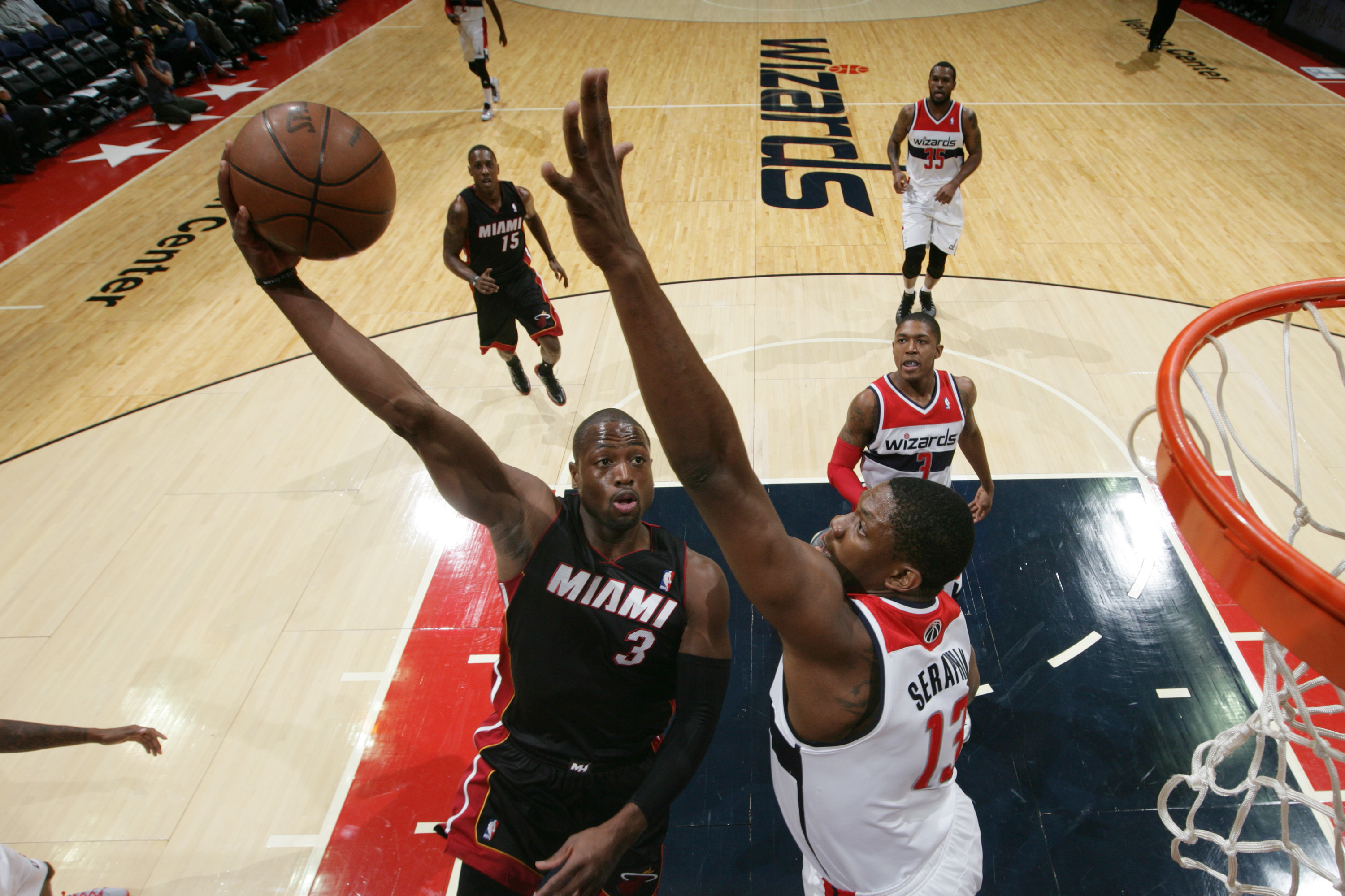 NO FILM, NO VIDEO, NO TV, NO DOCUMENTARY - Miami Heat's Dwyane Wade drives  to the basket during the first quarter at AmericanAirlines Arena in Miami,  FL, USA on March 2, 2015.