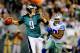November 11, 2012; Philadelphia, PA, USA; Philadelphia Eagles quarterback Nick Foles (9) runs from the rush by Dallas Cowboys nose tackle Jay Ratliff (90) during the third quarter at Lincoln Financial Field. The Cowboys defeated the Eagles 38-23. Mandatory Credit: Dale Zanine-USA TODAY Sports