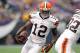 Sep 22, 2013; Minneapolis, MN, USA; Cleveland Browns wide receiver Josh Gordon (12) carries the ball during the first quarter against the Minnesota Vikings at Mall of America Field at H.H.H. Metrodome. Mandatory Credit: Brace Hemmelgarn-USA TODAY Sports